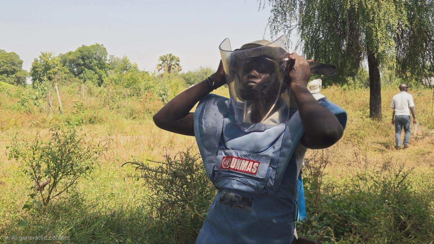 a woman deminer is putting on a protective mask