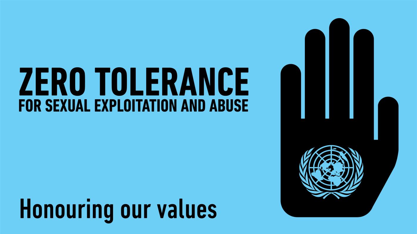 A blue background with a black hand with the UN Logo printed on the hand. The words read: Zero Tolerance for Sexual Exploitation and Abuse.