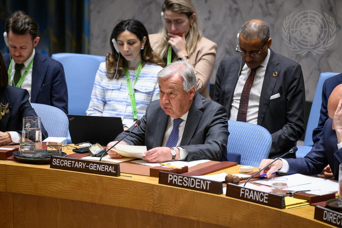 Secretary-General António Guterres addresses the Security Council meeting on the situation in the Middle East, including the Palestinian question.