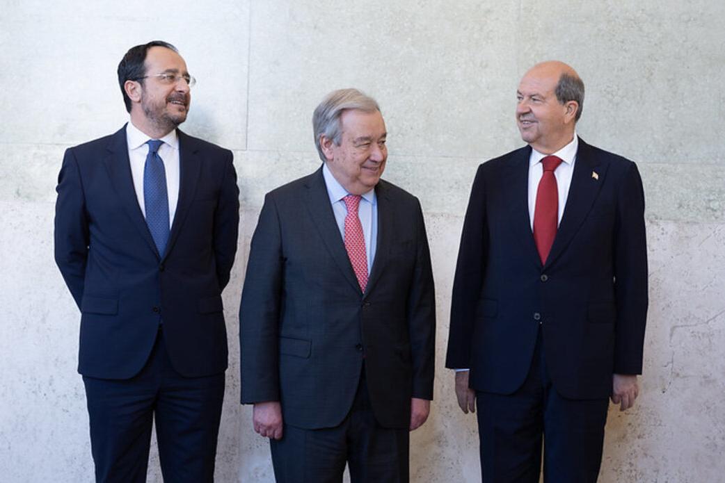 The Secretary-General with the Greek Cypriot leader, Nikos Christodoulides, and the Turkish Cypriot leader, Ersin Tatar