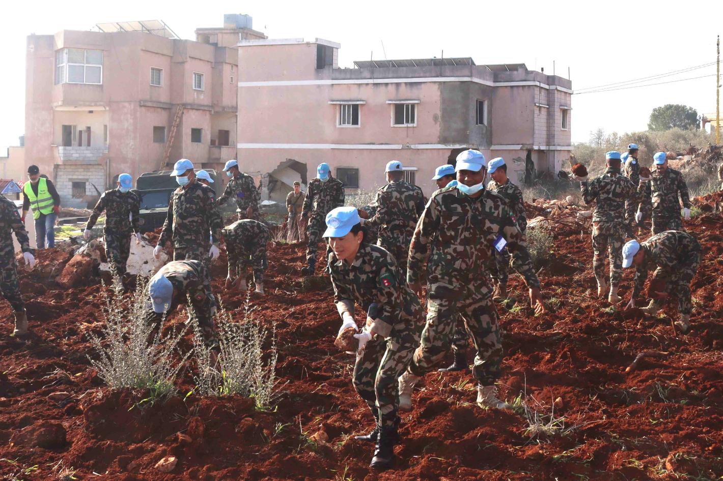 Peacekeepers assist Blida residents to prepare field for olive plantation Peacekeepers assist Blida residents to prepare field for olive plantation