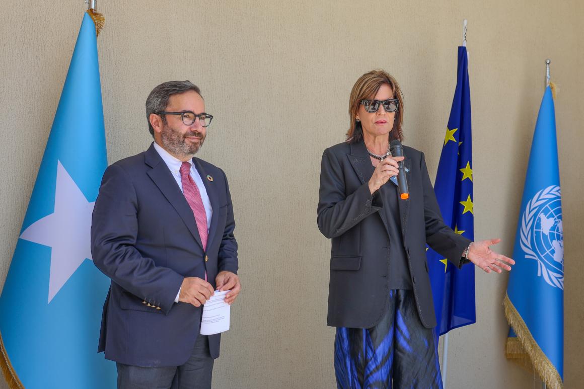 European Union Ambassador to Somalia Karin Johansson, speaks during the handover of equipment to the Somali National Army at the UNOPS office in Mogadishu, Somalia, on 14 April 2025.