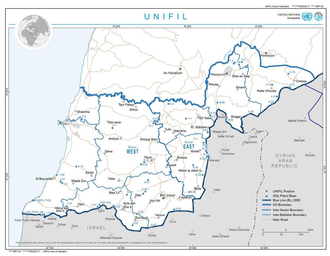 A map detailing the region where UNIFIL operates.